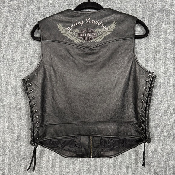 Harley Davidson Size XL Vest Black Moto Motorcycle Genuine Leather Lace Up Side - Picture 2 of 9